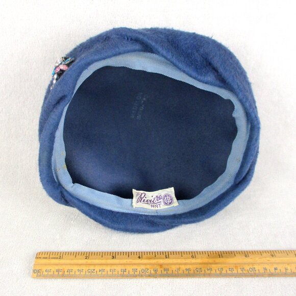 Blue Dragonfly Pillbox Hat Vintage 1950s Fur Felt Rhinestone Crystals - Picture 5 of 6